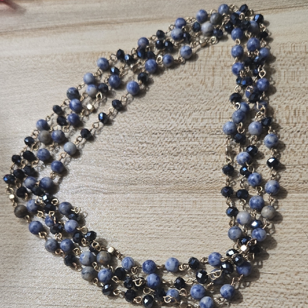 Vintage Blue Sodalite and Black Faceted Crystal Beaded Necklace Opera Length💫
